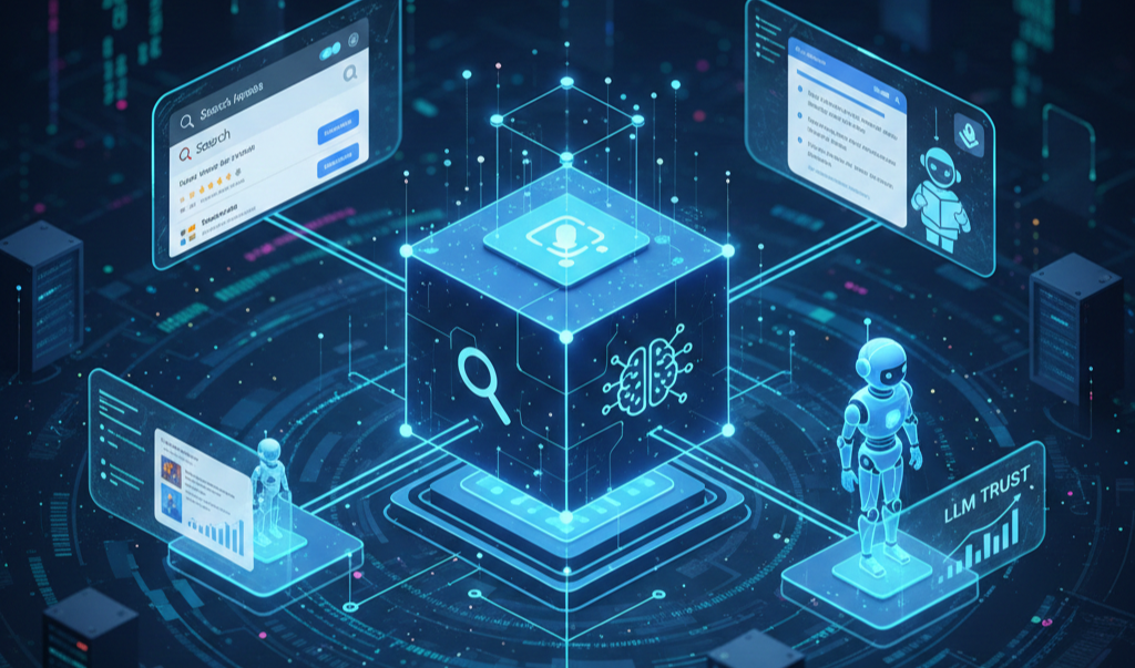Conceptual digital illustration showing a glowing central data cube connecting to SEO search results, AI Overviews, and LLM interfaces, demonstrating how structured data builds trust and powers Answer Engine Optimization (AEO).